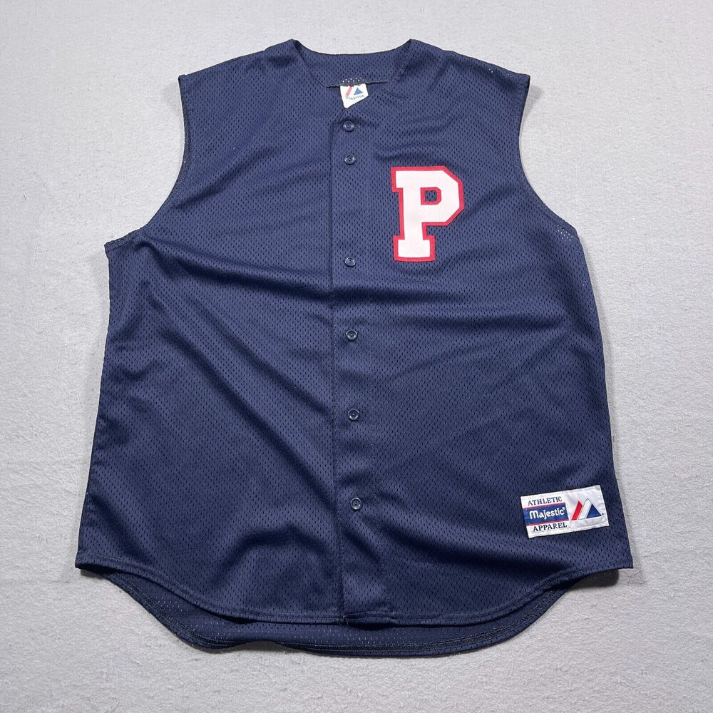 Majestic Vintage Baseball Jersey Mens XL Sleeveless Button Down Blue Sewn P #9